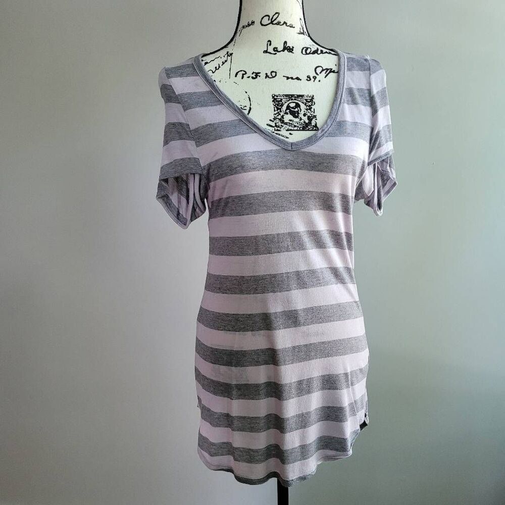 Lush grey & lilac striped tunic top cap sleeve lagom lagenlook comfort - Picture 2 of 10